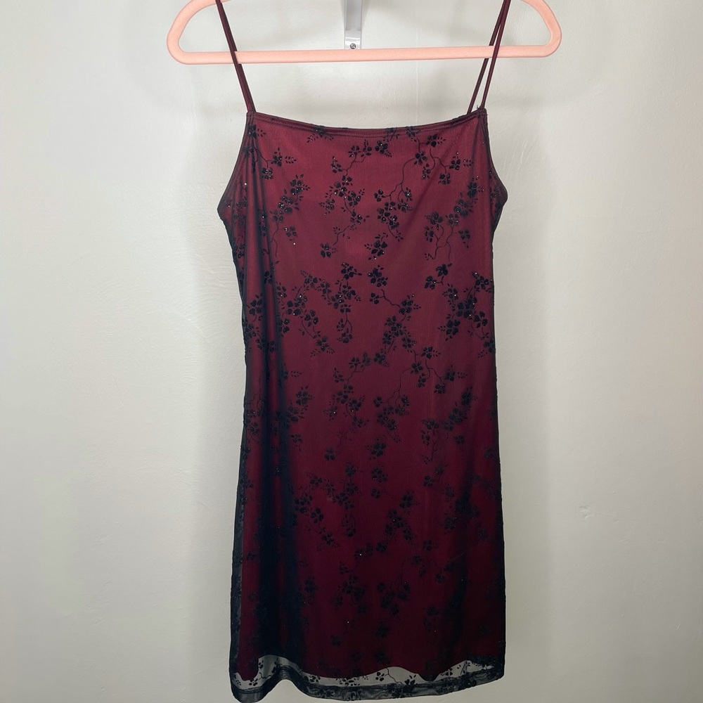 Strappy Red dress, sheer black overlay. Size L.